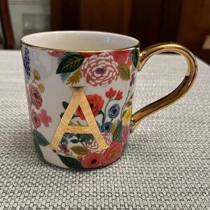 Anthropologie Rifle Paper Company Floral "A" Mug w/ Gold Handle Like New
